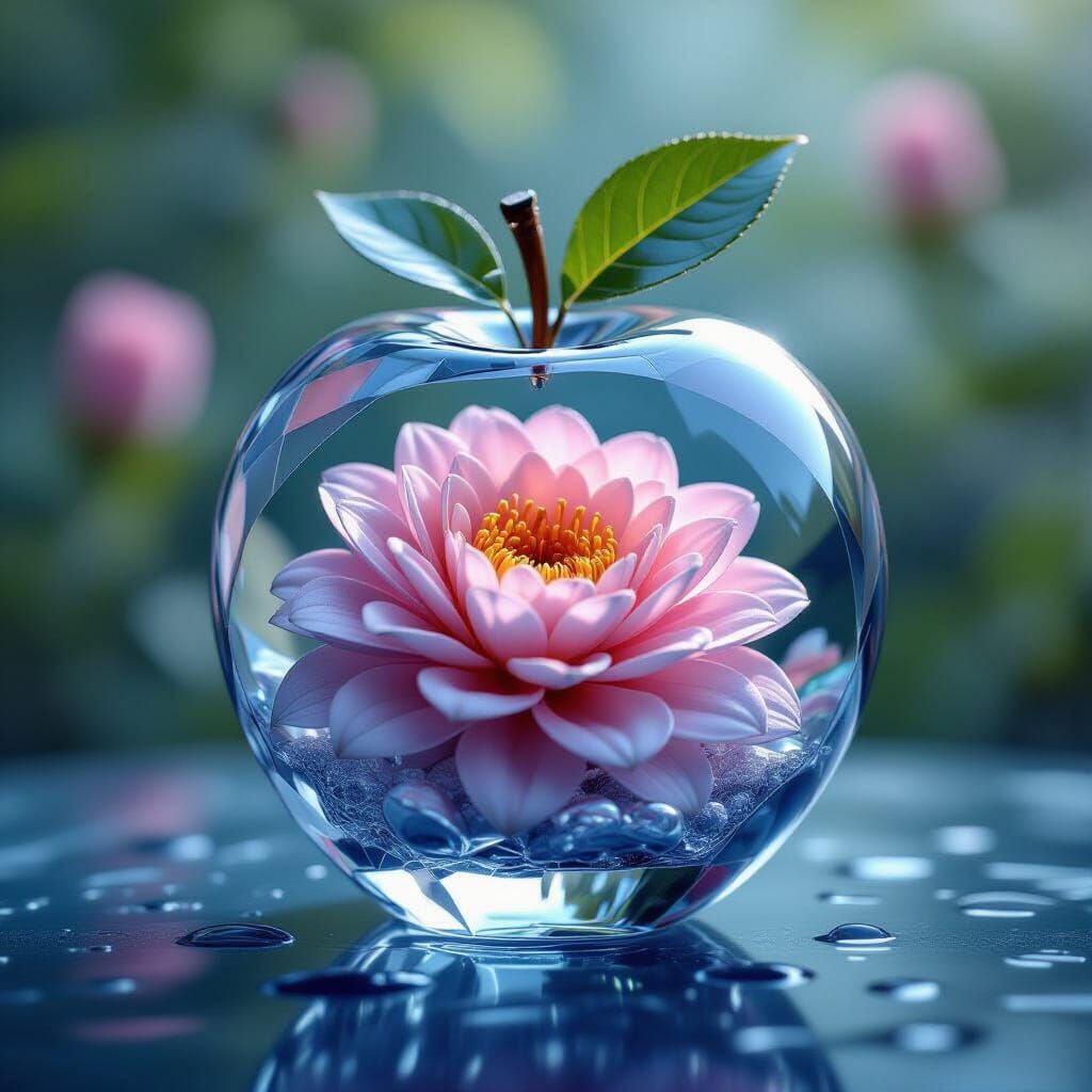 Crystal Apple With Floral Beauty and Leaf, Hyperrealistic Fo...