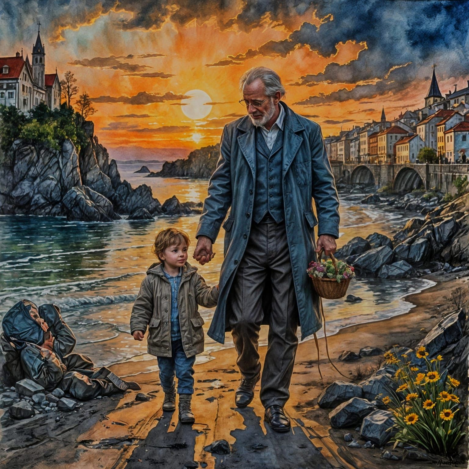 Emotional Toddler and Grandfather Sunset: Watercolour Art