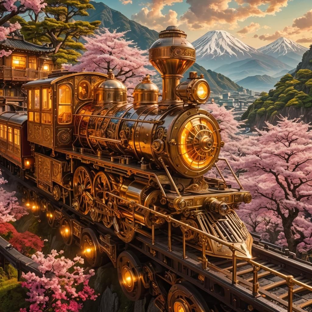 Steampunk Train Journey Through Sakura-Filled Japan