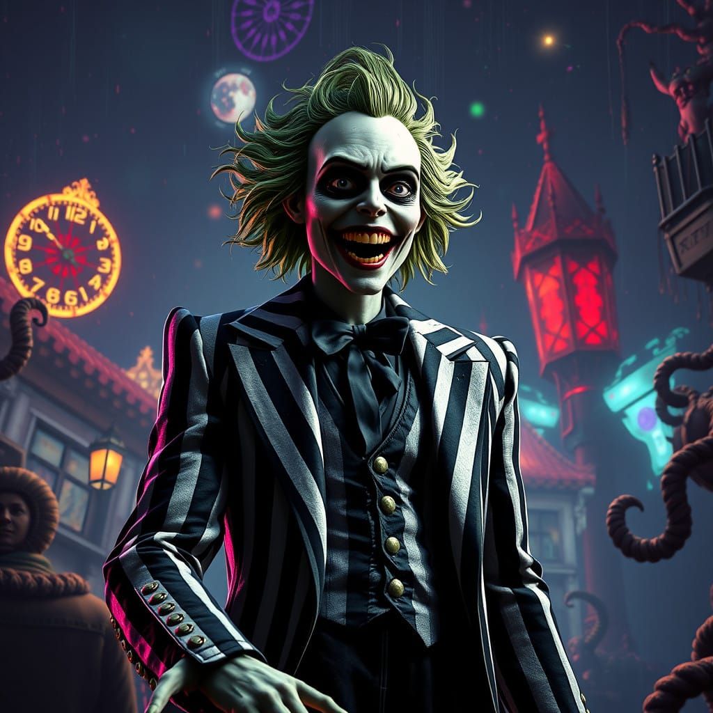Beetlejuice's Surreal Nighttime Realm in Vibrant Fantasy Art