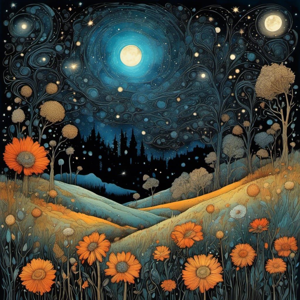 Vibrant Starry Night Sky in Art Brut Style