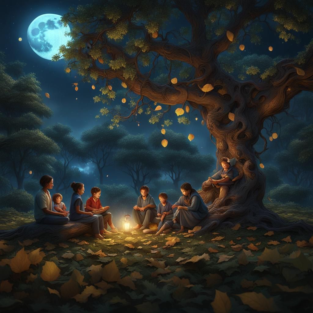 Moonlit Family Scene in Detailed Matte Painting Style