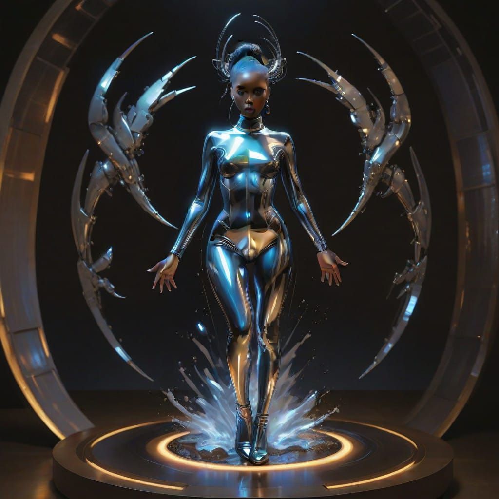 Hyperrealistic Black Model in Futuristic Latex Bodysuit