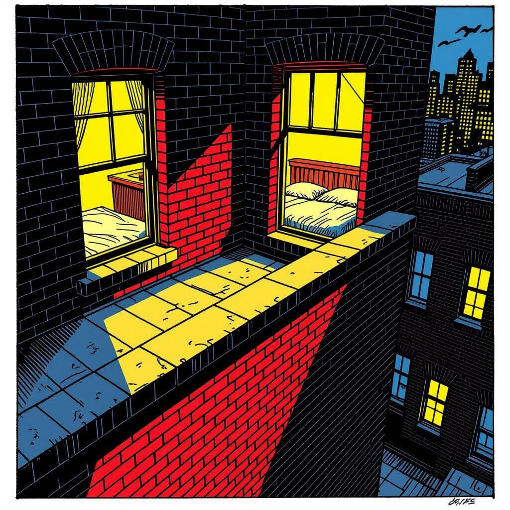 Rooftop View Into Bedroom Window Comic Art