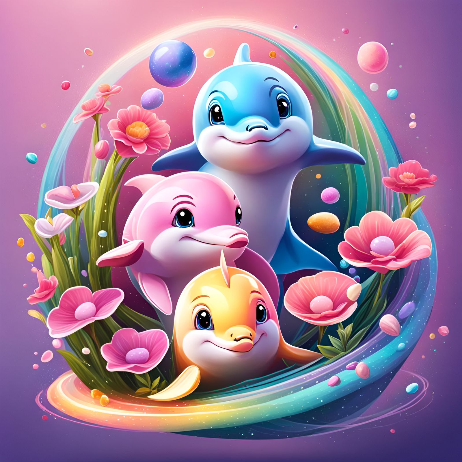 Baby Space Dolphins Play near Saturn in Ghibli Style