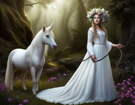 Maiden and Unicorn in Forest: Digital Matte Painting