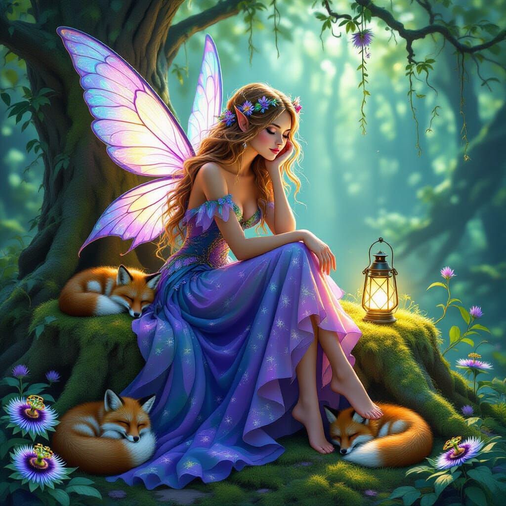 Watercolor Fairy with Foxes in Fantasy Forest
