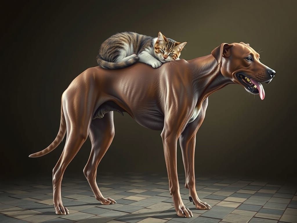 Cat Napping Atop Tired Dog: Photorealistic Image