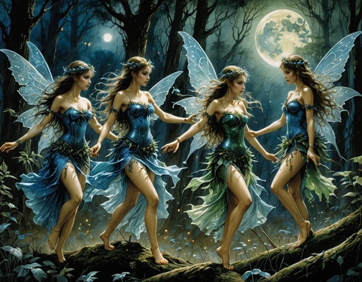 Fairies Dancing in Forest Clearing by Luis Royo