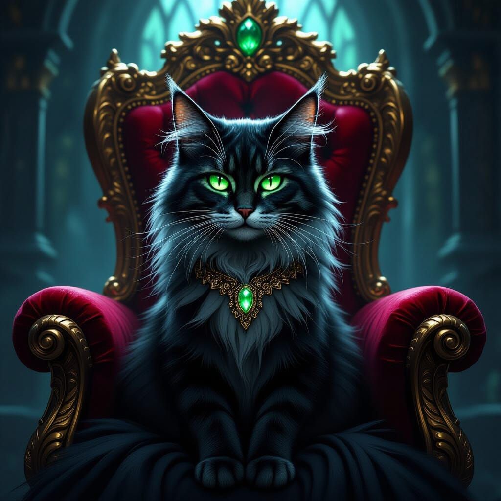 Regal Cat on Throne in Dark Fantasy Style