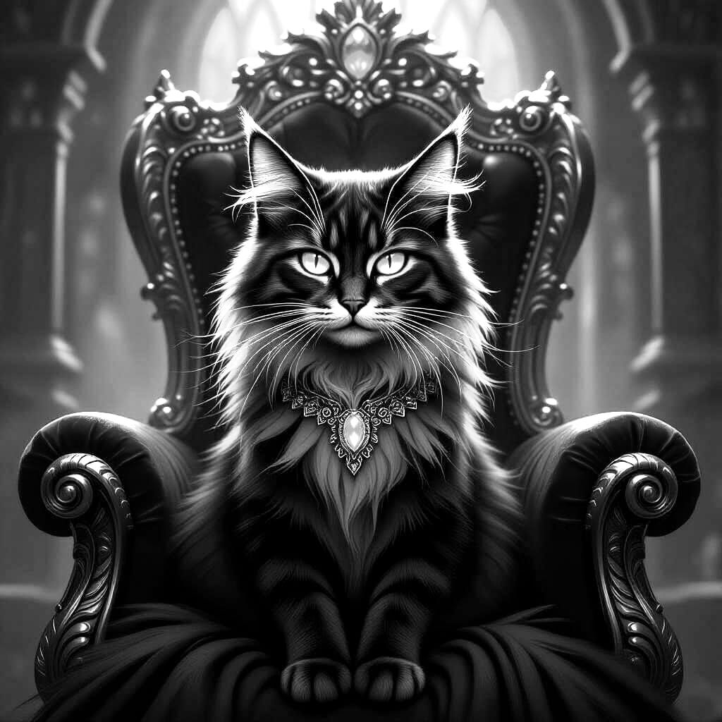 Regal Cat on Throne in Dark Fantasy Digital Painting