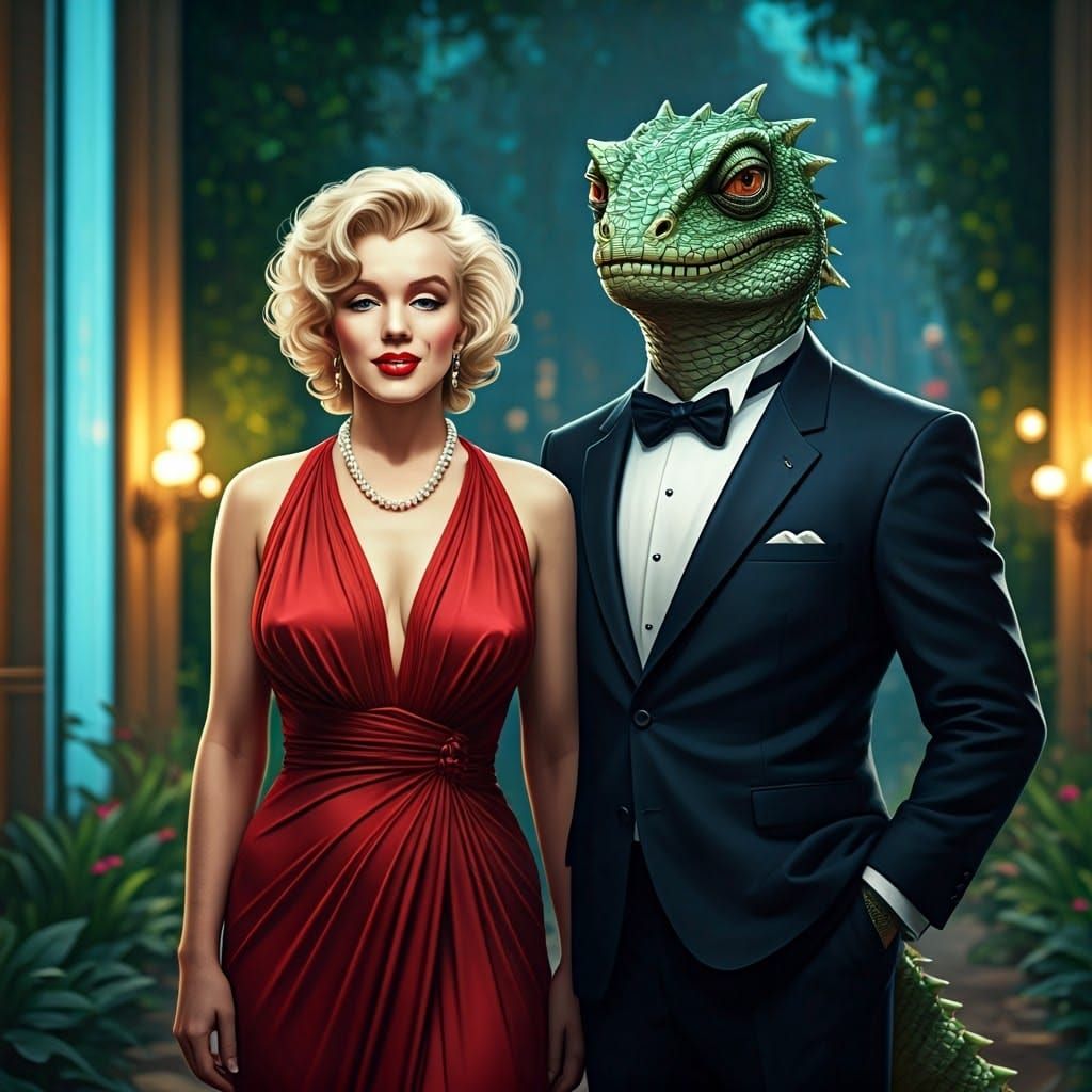 Marilyn Monroe with a stylish lizard man
