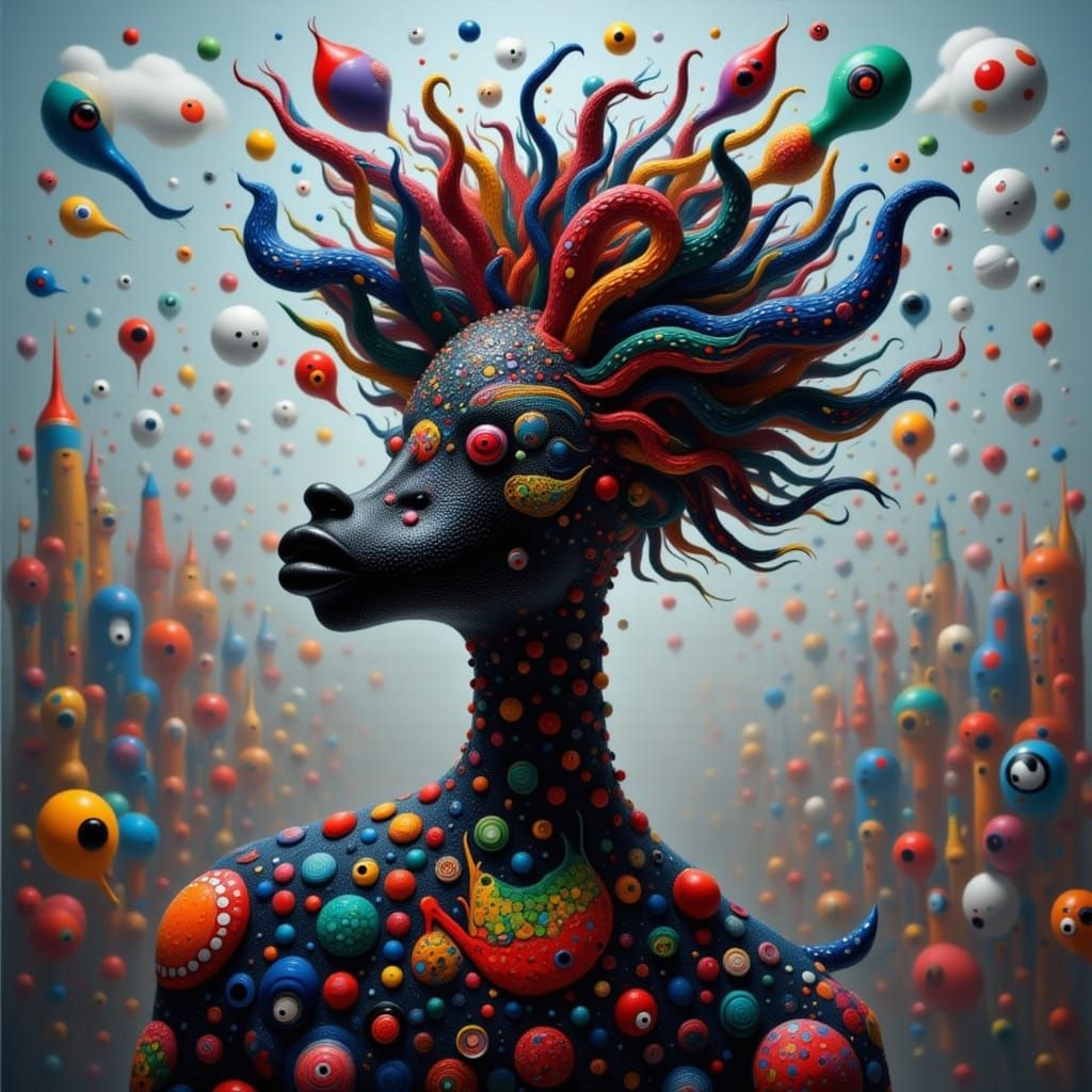Surreal Black Fantasy Creature in Colorful Mists