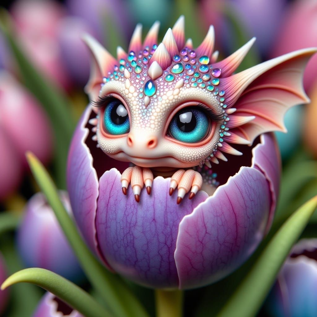 Cute Pink Baby Dragon in a Purple Tulip