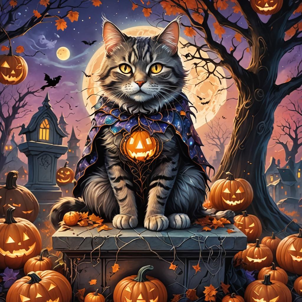 Halloween Cat in Whimsical Fantasy Illustration