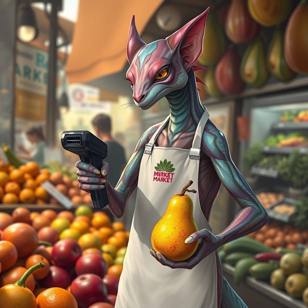 Cybernetic Feline-Reptile Hybrid Scans Pear at Futuristic Ma...