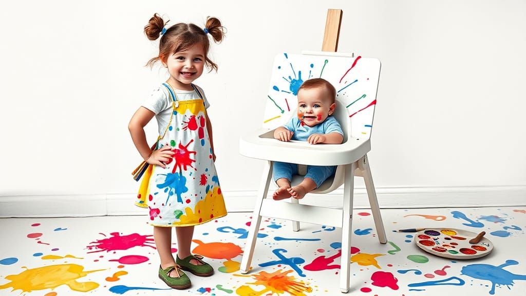 Young Girl Paints Her Baby Brother in a Vibrant Art Studio
