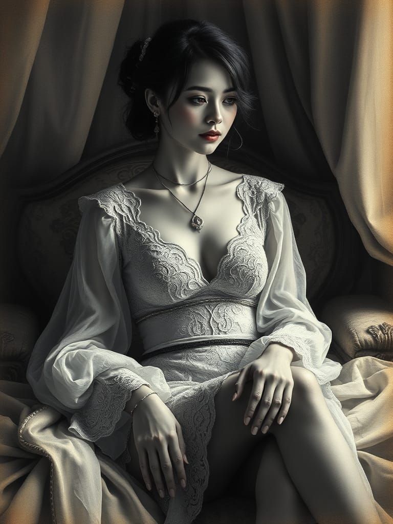 Elegant Woman in Lace, Charcoal Drawing