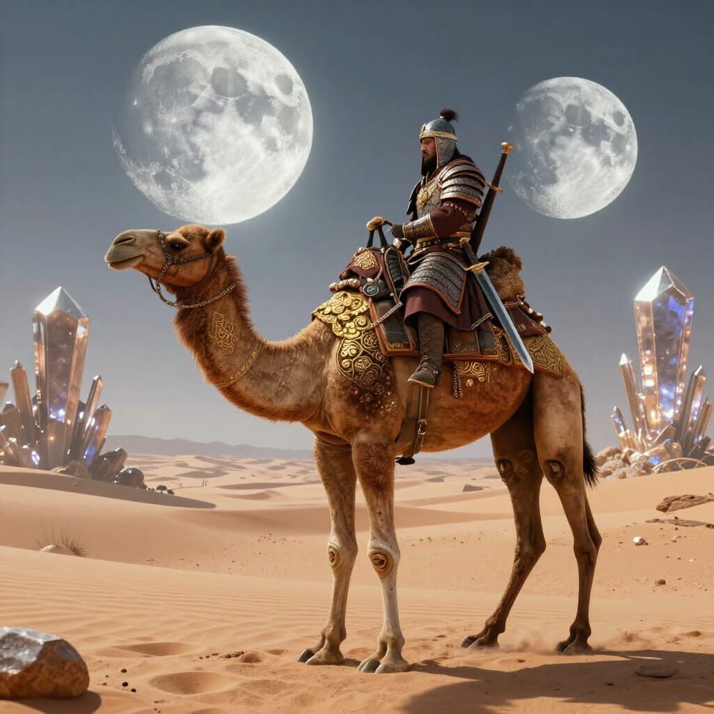 Camel with Golden Filigree on Alien Desert Under Two Moons