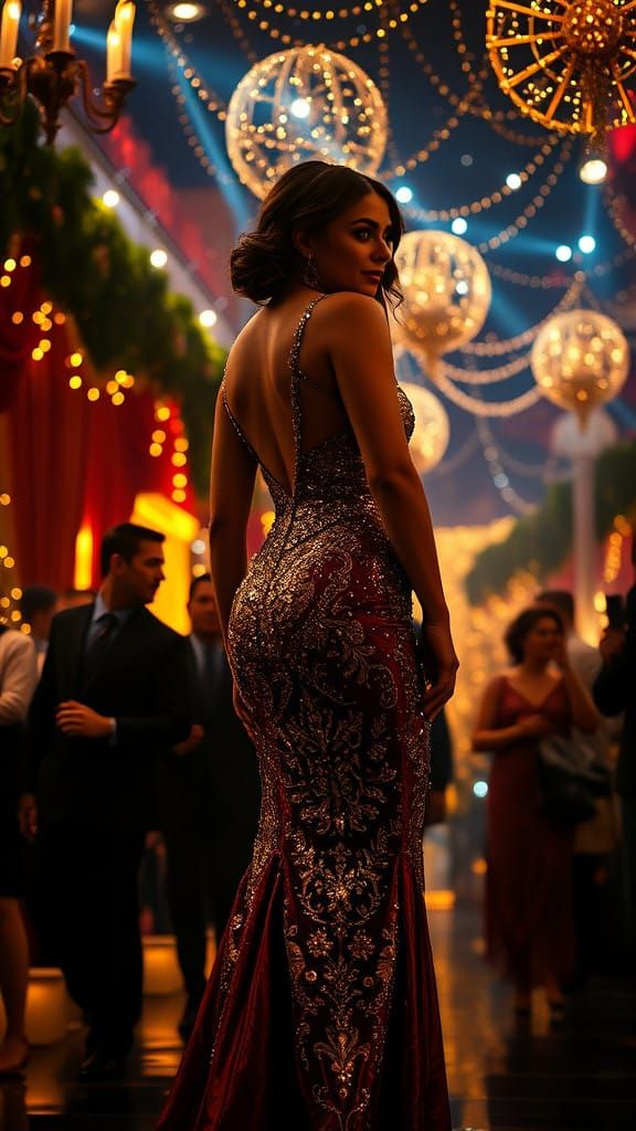 Luxurious Woman in Gold Evening Gown at New Year's Eve Party