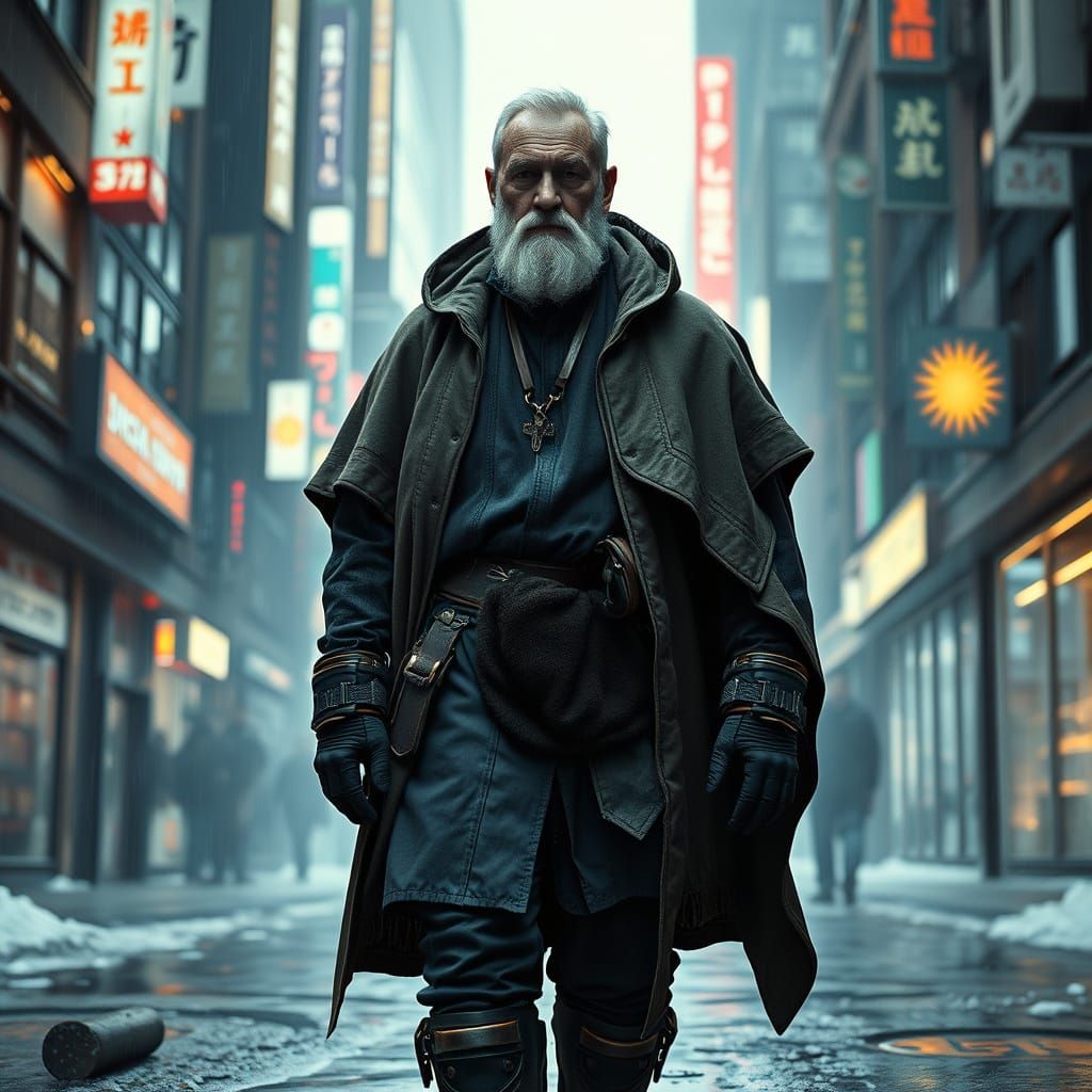 Dystopian Cyberpunk Priest with Beard in Neon Cityscape