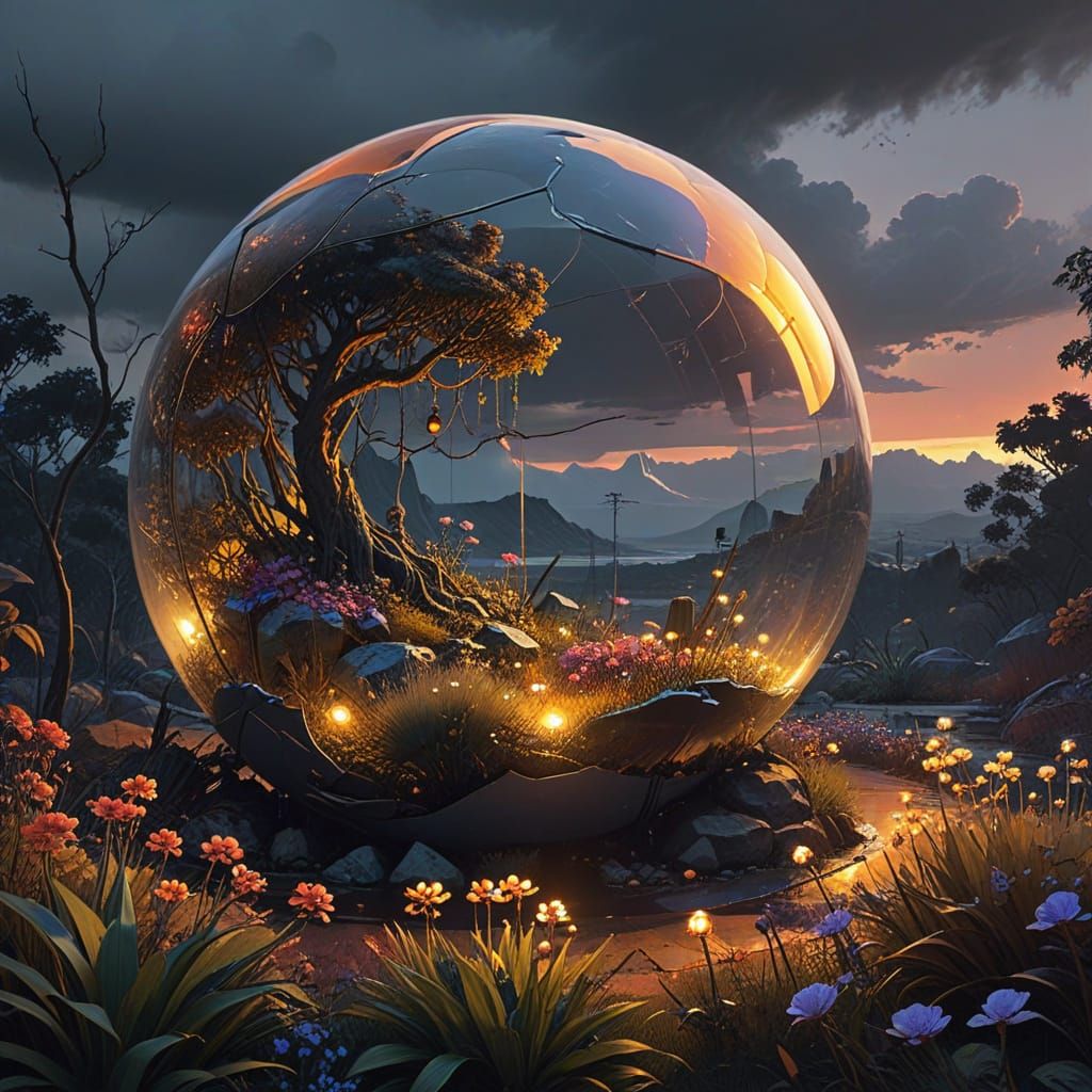 Surreal Futuristic Garden Amidst Stormy Skies