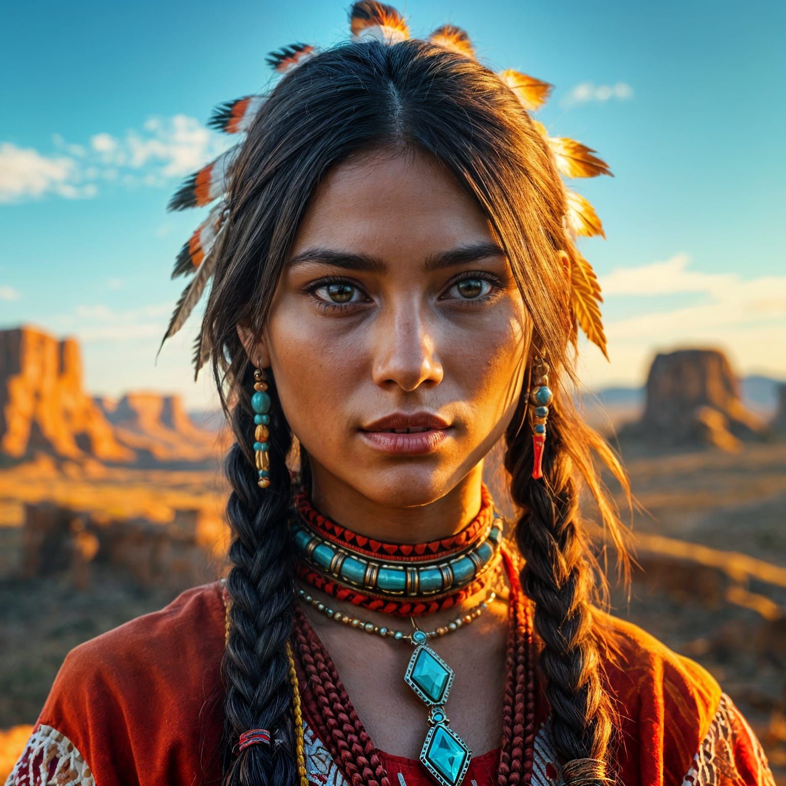 Native American Woman in Tribal Attire Under Golden Hour Lan...