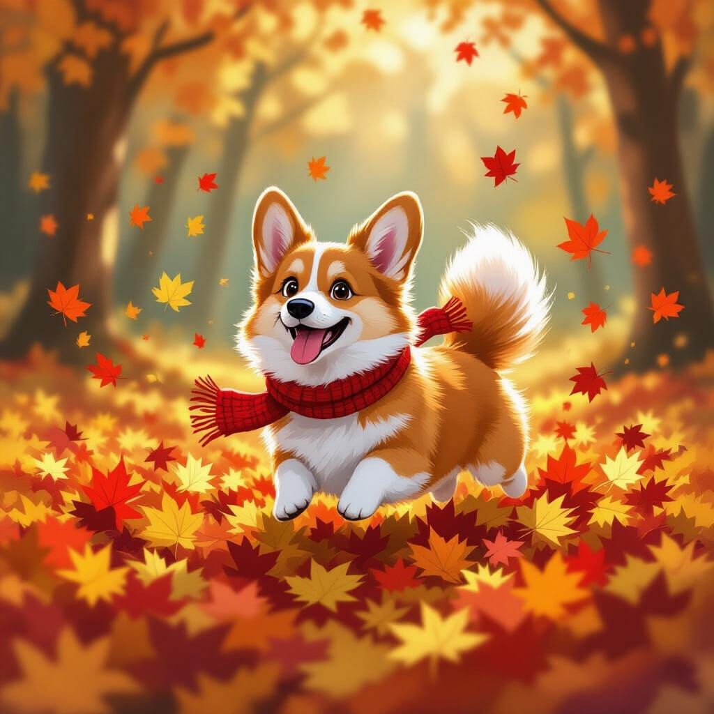 Fluffy Corgi Leaping in Autumn Leaves