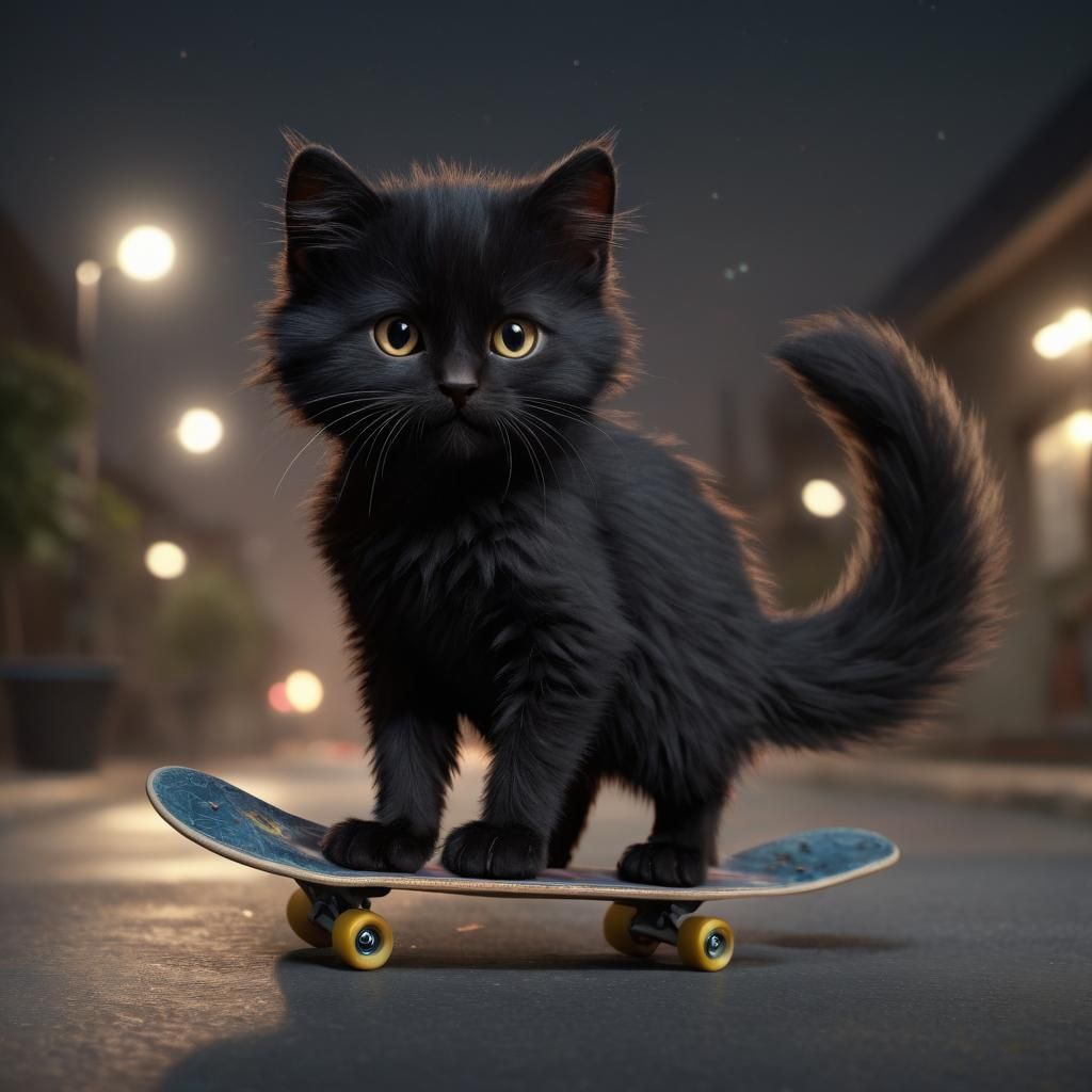 Animated Kitten Shreds on Skateboard at Night