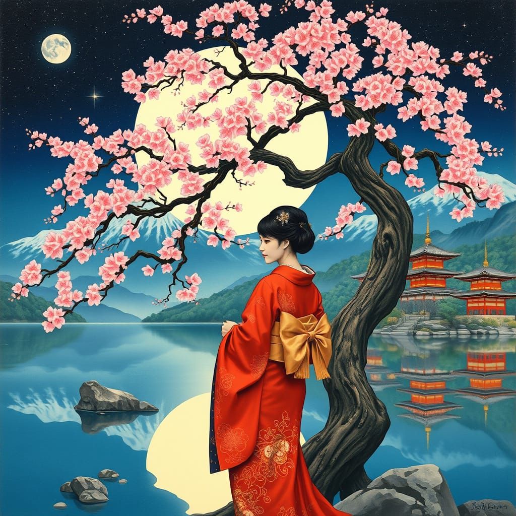 Majestic Sakura Tree Under Full Moonlight