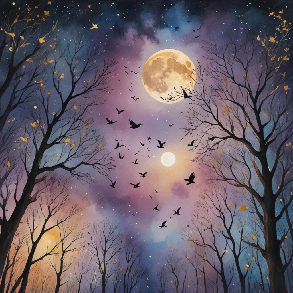 Enchanting Birds in Mystical Forest Watercolor