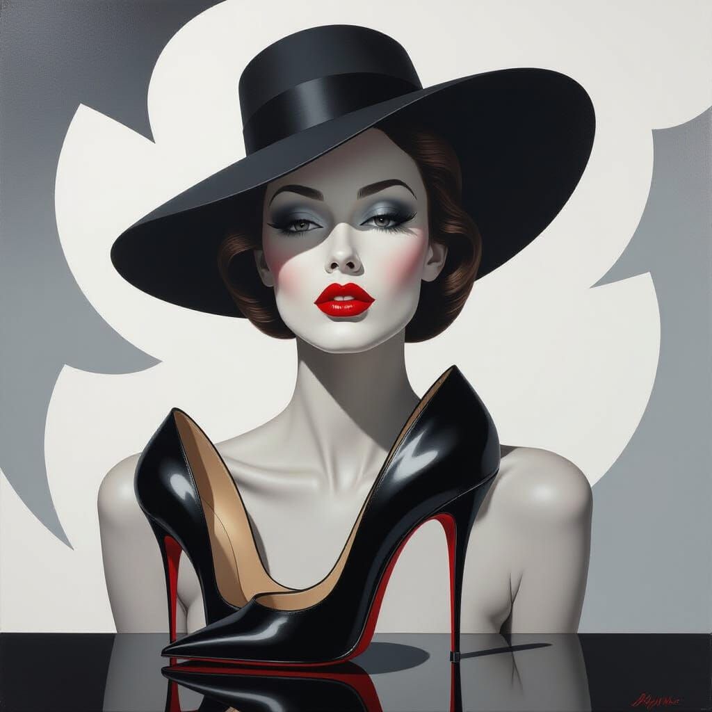 Monochrome Op Art Portrait with Vivid Red Lips