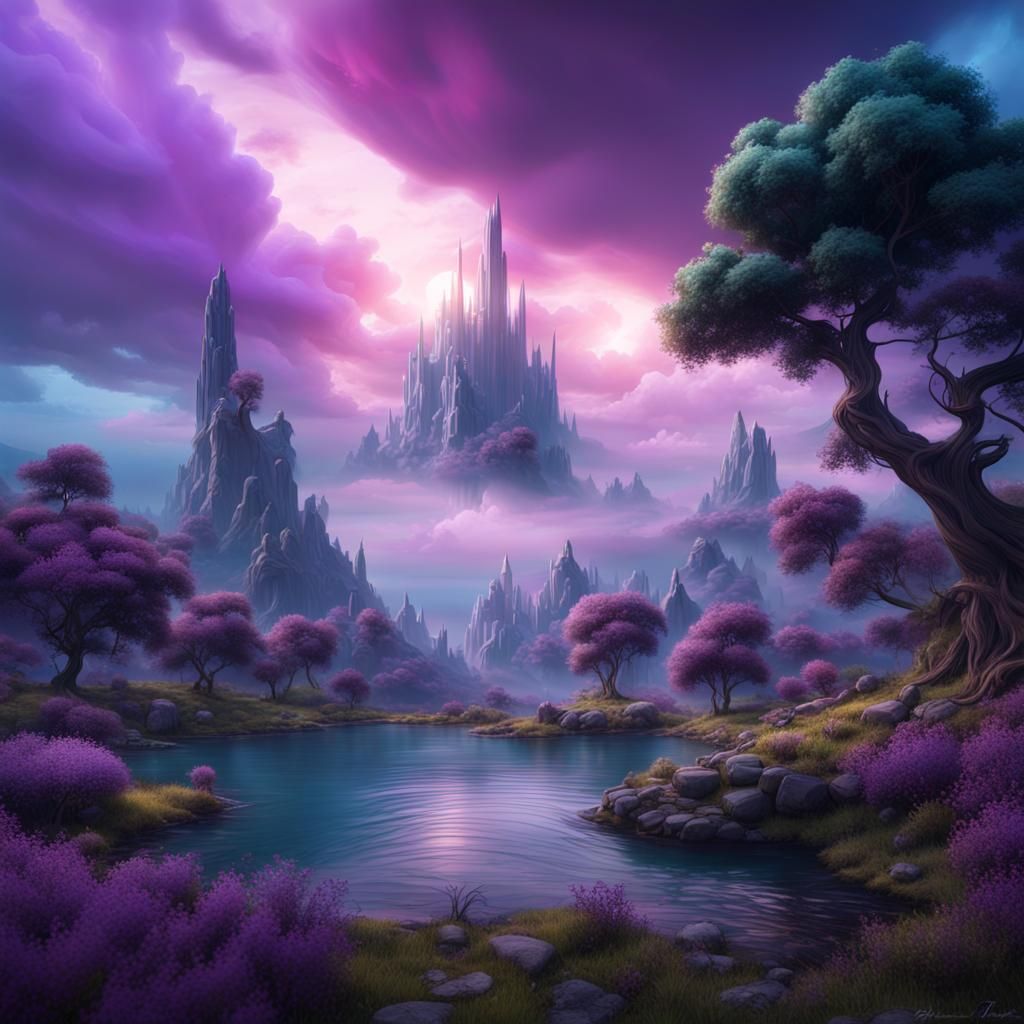 Fantasy Landscape with Blue and Purple Clouds