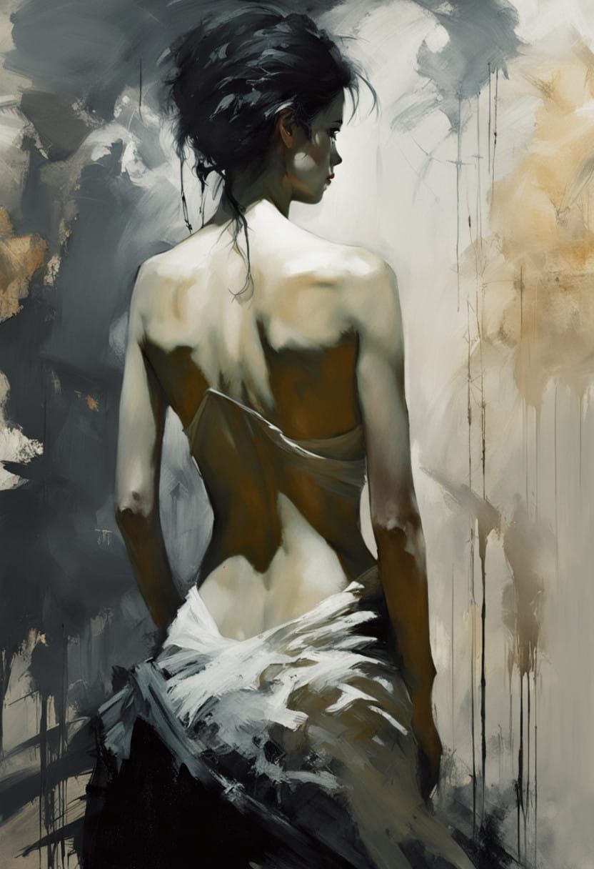 A Haunting Oil Painting of a Woman in a Tattered Dress