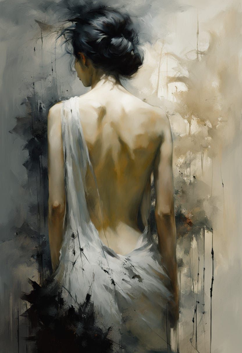 Woman in Dark, Haunting Landscape with Twisted Trees