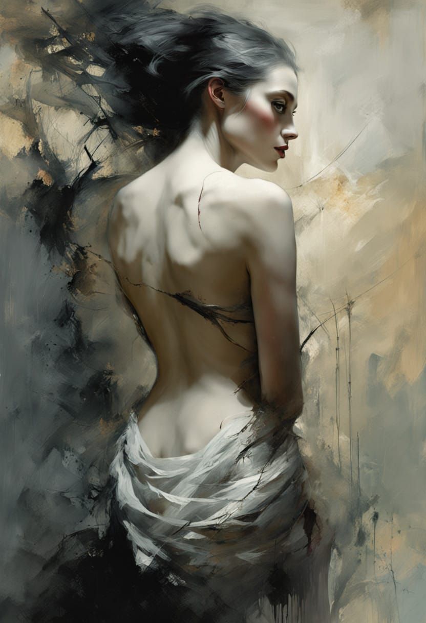 Ethereal Woman in Dark Landscape, Mysterious Shadow, Matte P...