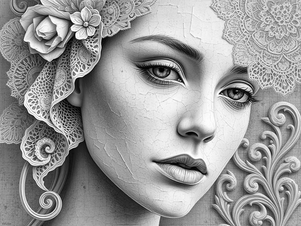 Surreal White Portrait in Grunge Mixed Media Style