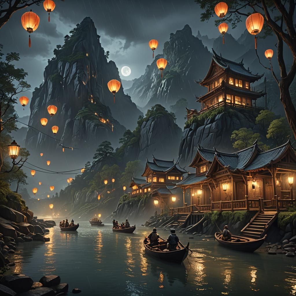 Rainy Night River Journey with Lanterns