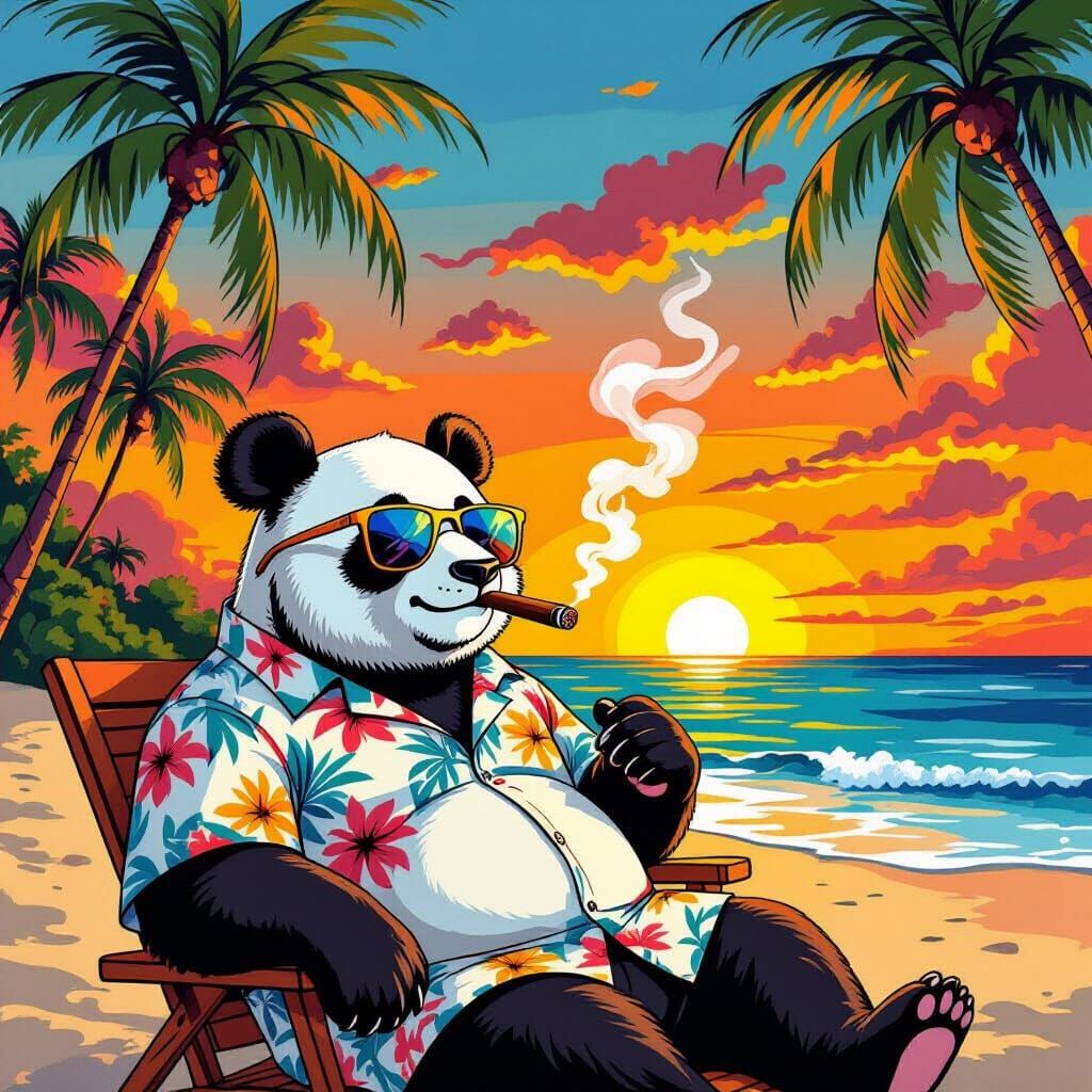 Panda Bear Smokes Cigar on Tropical Beach, Cartoon Illustrat...