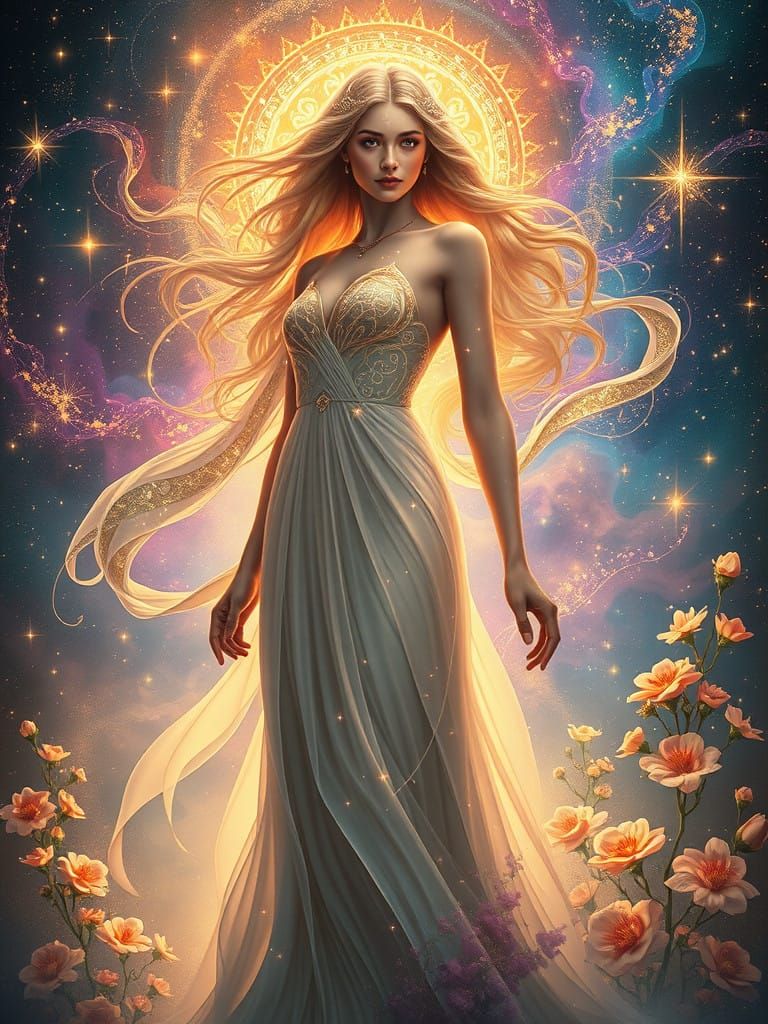 Ethereal Goddess of the Cosmos in Art Nouveau Style