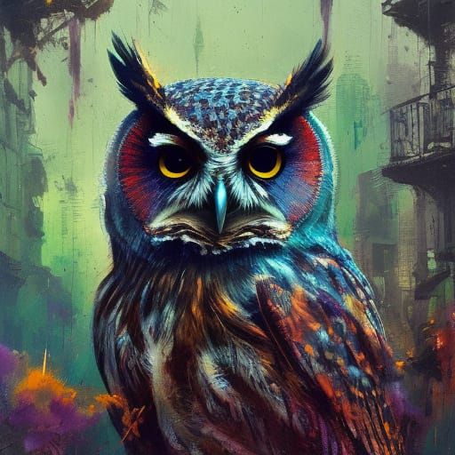 Intricate Owl Matte Painting in Vibrant Triadic Colors