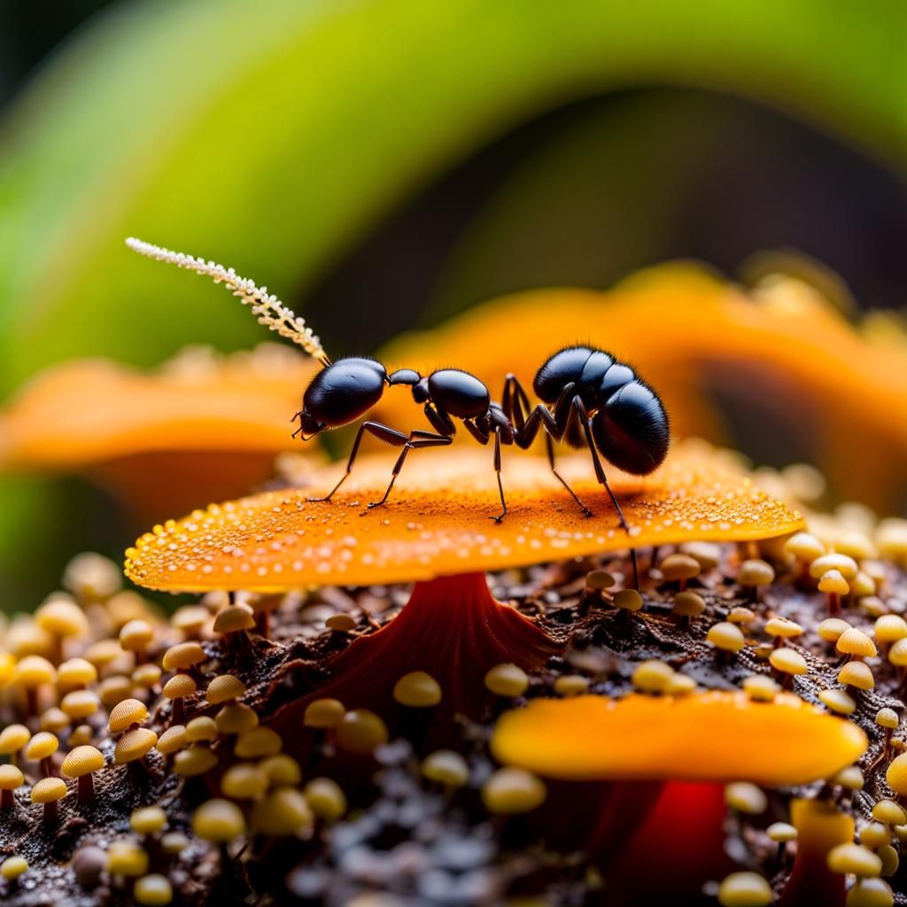Ant on Minuscule Fungi Landscape Macro Photography