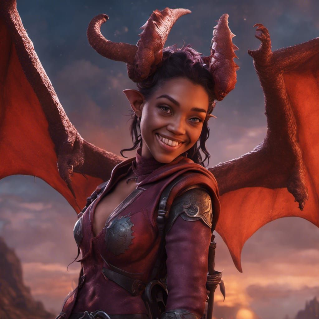 Smiling Tiefling with Dragon: Fantasy Concept Art