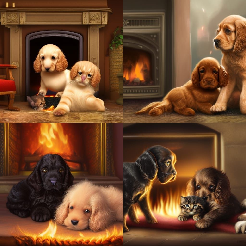 Cocker Spaniel Puppy and Kitten by Fireplace