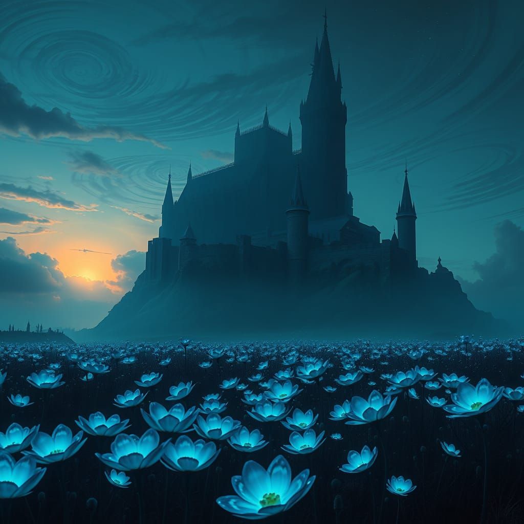 Dark Castle Amidst Bioluminescent Alien Flowers