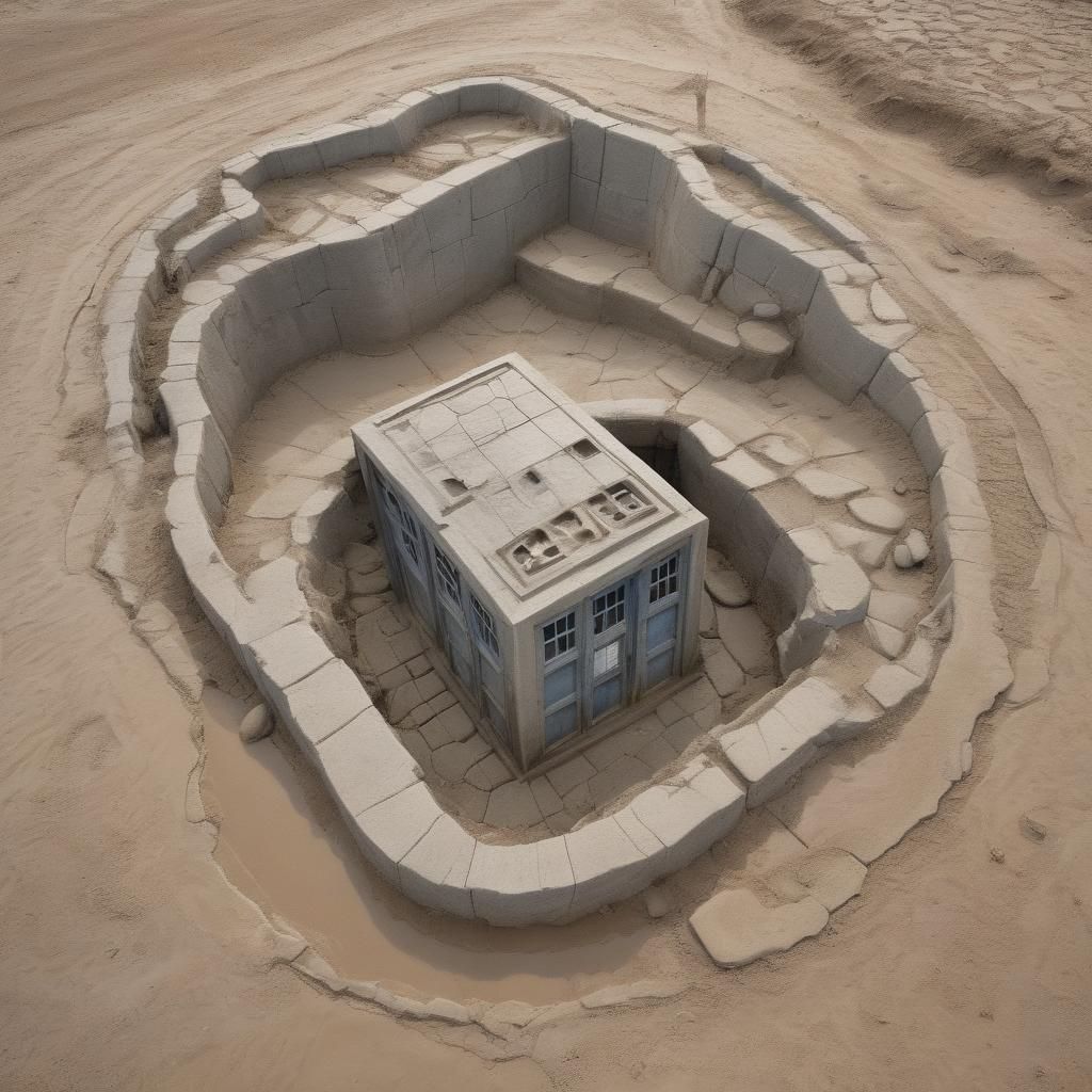Weathered Tardis Sculpture in Desert Landscape