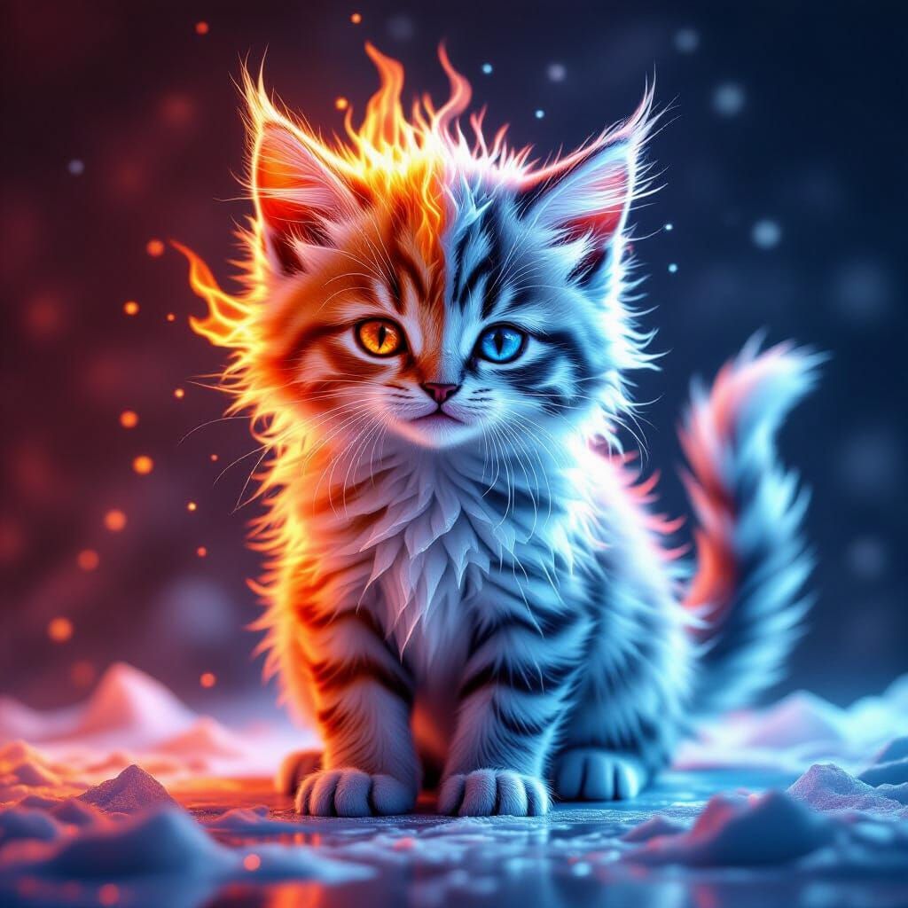 Fire and Ice Kitten: Photorealistic 4K Image