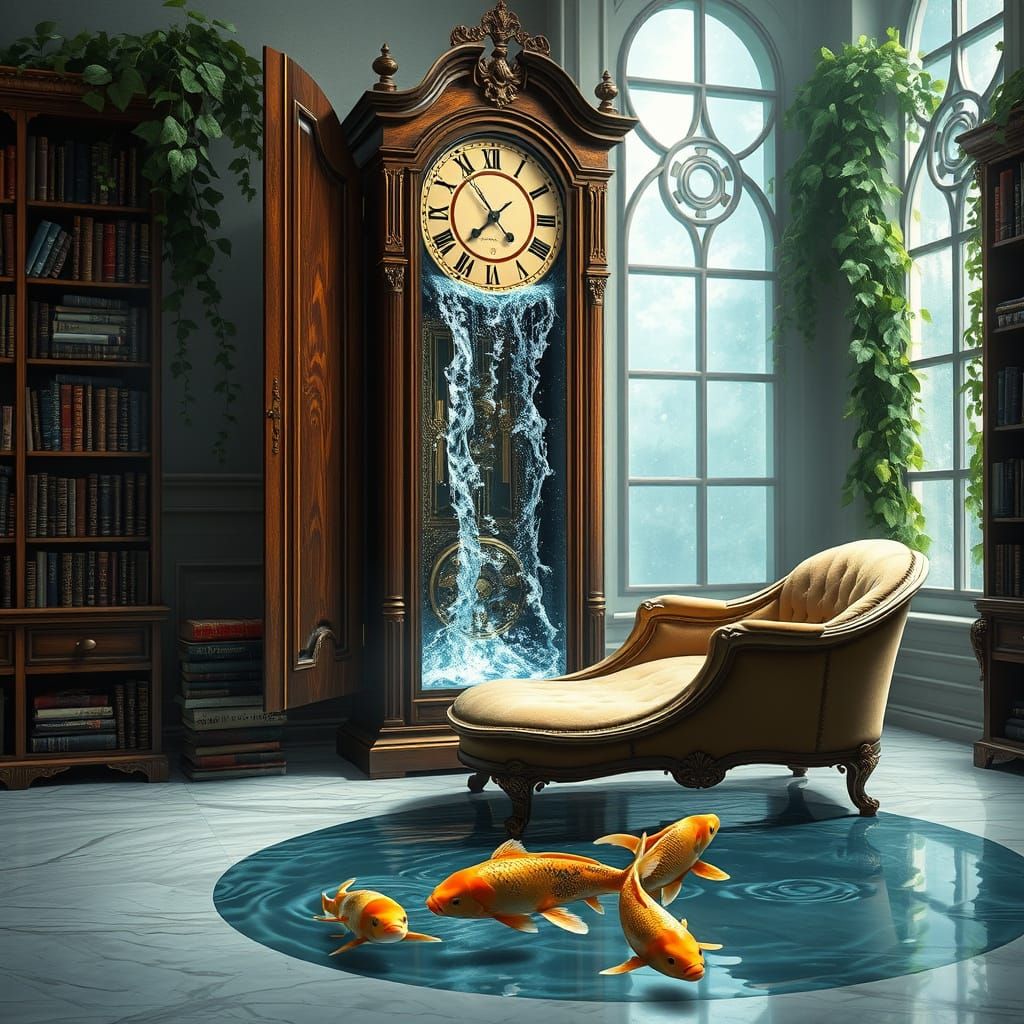 Surreal Waterfall Clock in Dreamlike Fantasy