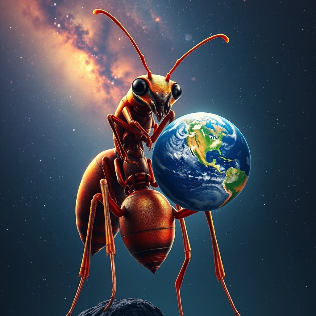 Giant Ant Holds Earth in Space, Digital Painting