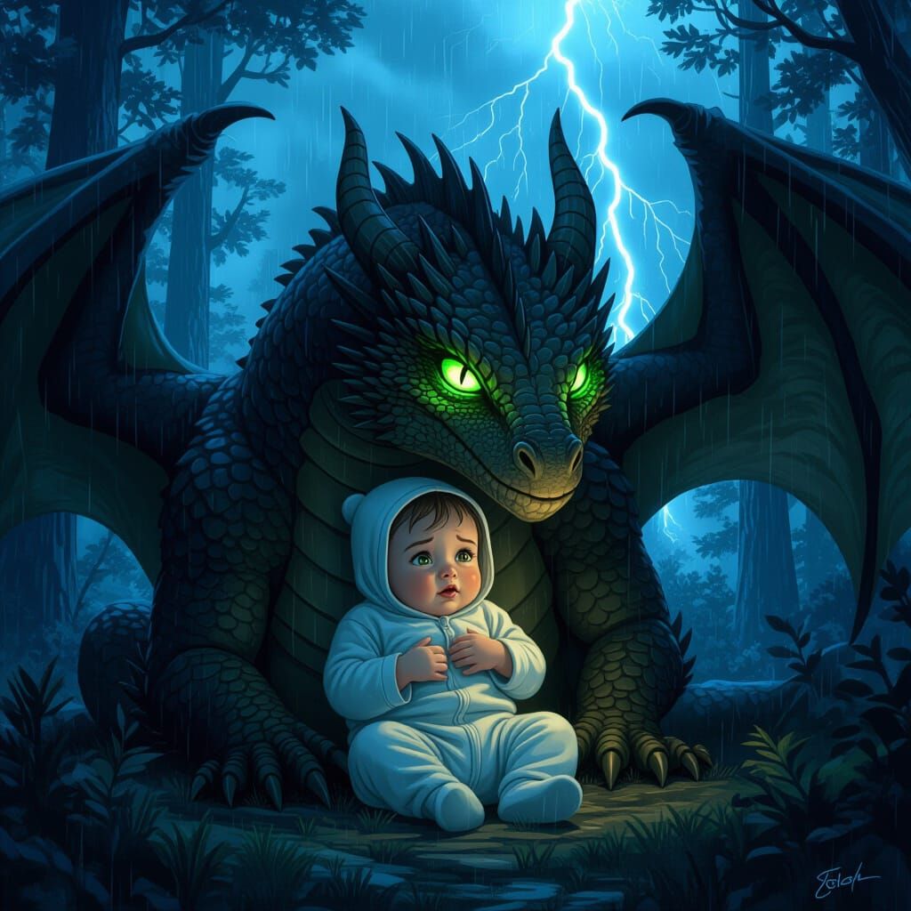 Baby Protected by Dragon in Stormy Forest